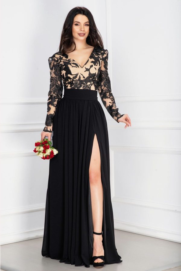 rochie de seara eleganta georgia neagra cu broderie deosebita 72900 | Haine Tari