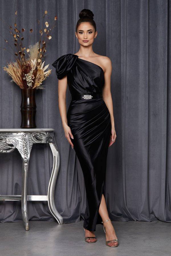 rochie lunga de ocazie neagra din lycra satinat 2 1 1 | Haine Tari