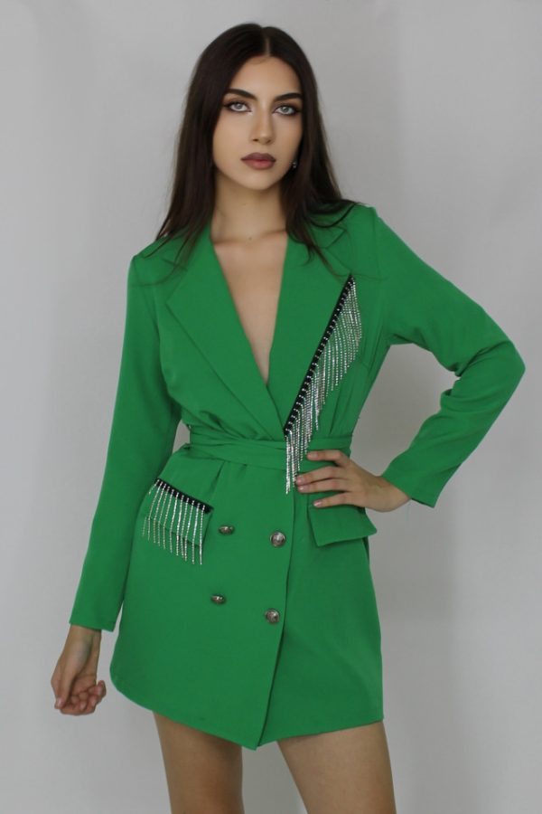 rochie tip sacou tiffany accesorizata cu franjuri metalici verde24367 | Haine Tari
